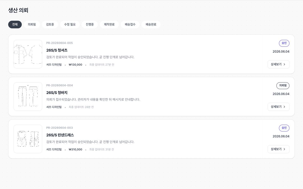 팀 생산의뢰 목록에서 작업지시서별 상태, 소속, 견적 요청 여부를 함께 확인하는 화면